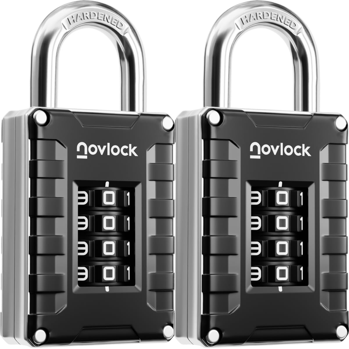 Novlock Black/Silver Locker Padlocks With 4-Digit Code For Gym, School, Home, Work – Sturdy Combination Locks With Hardened Steel Shackle – 2-Pack,