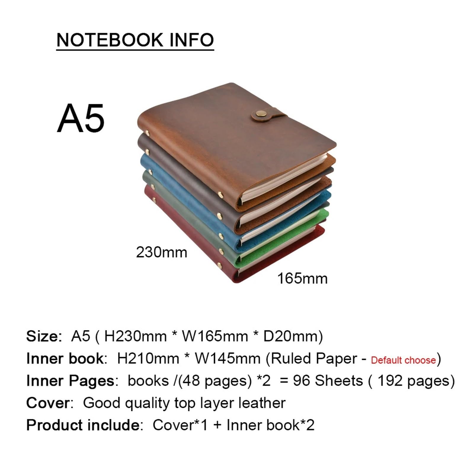 Carnet de notes Carnet de notes en cuir véritable, couverture A5, à feuilles mobiles, carnet de voyage, carnet de croquis fait à la main, 192 Pages, planificateur remplaçable(Deep brown,Kraft paper)