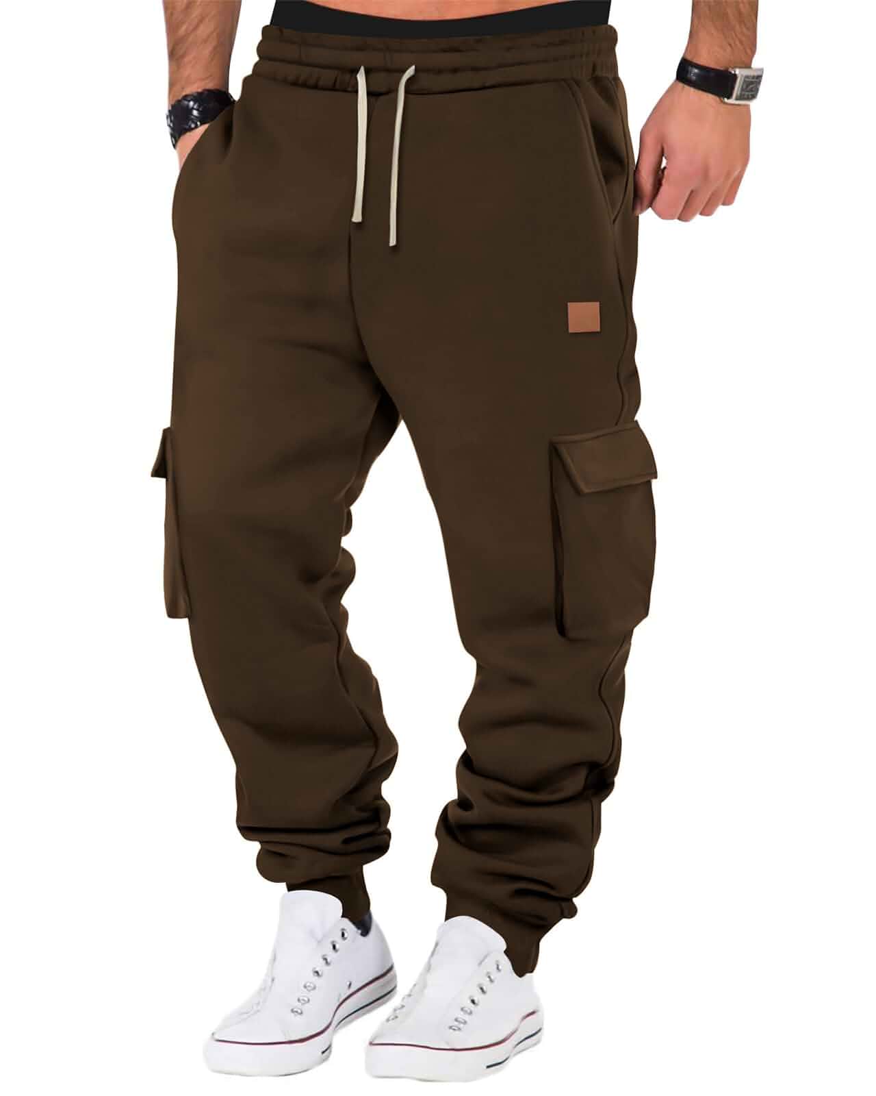 Men's Fleece Cargo Sweatpants Casual Cotton Tapered Workout Joggers Pants Elastic Waist Drawstring, Cargo Pockets, Tapered Leg, Leather Label Design, Loose Lounge Joggers with 5 Pockets, Streetwear