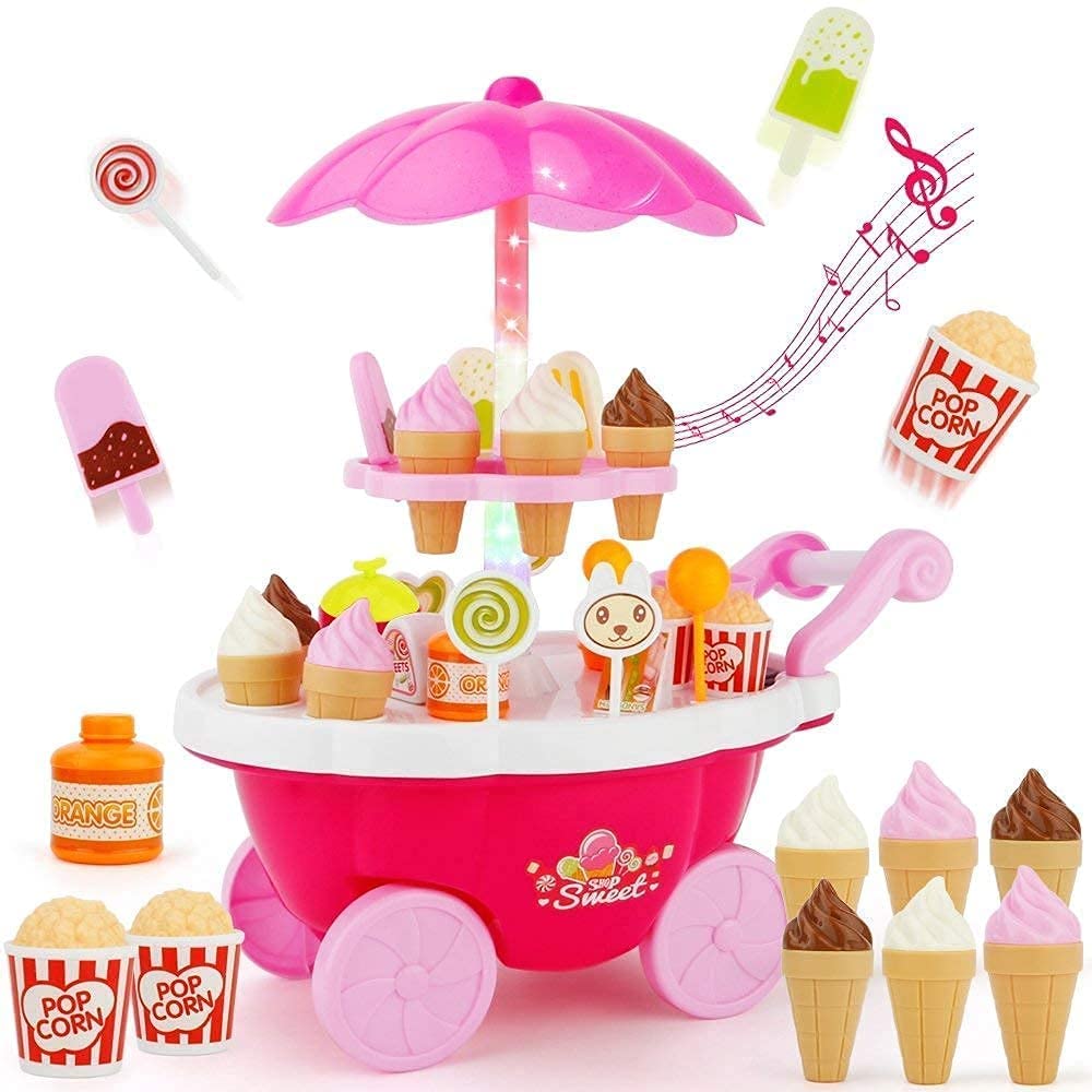Storio Plastic Ice Cream Sweet Trolley Cart Pretend Play Set with Music and Lights Toys for Girls, Colour May Vary, 39 Accessories-image-3