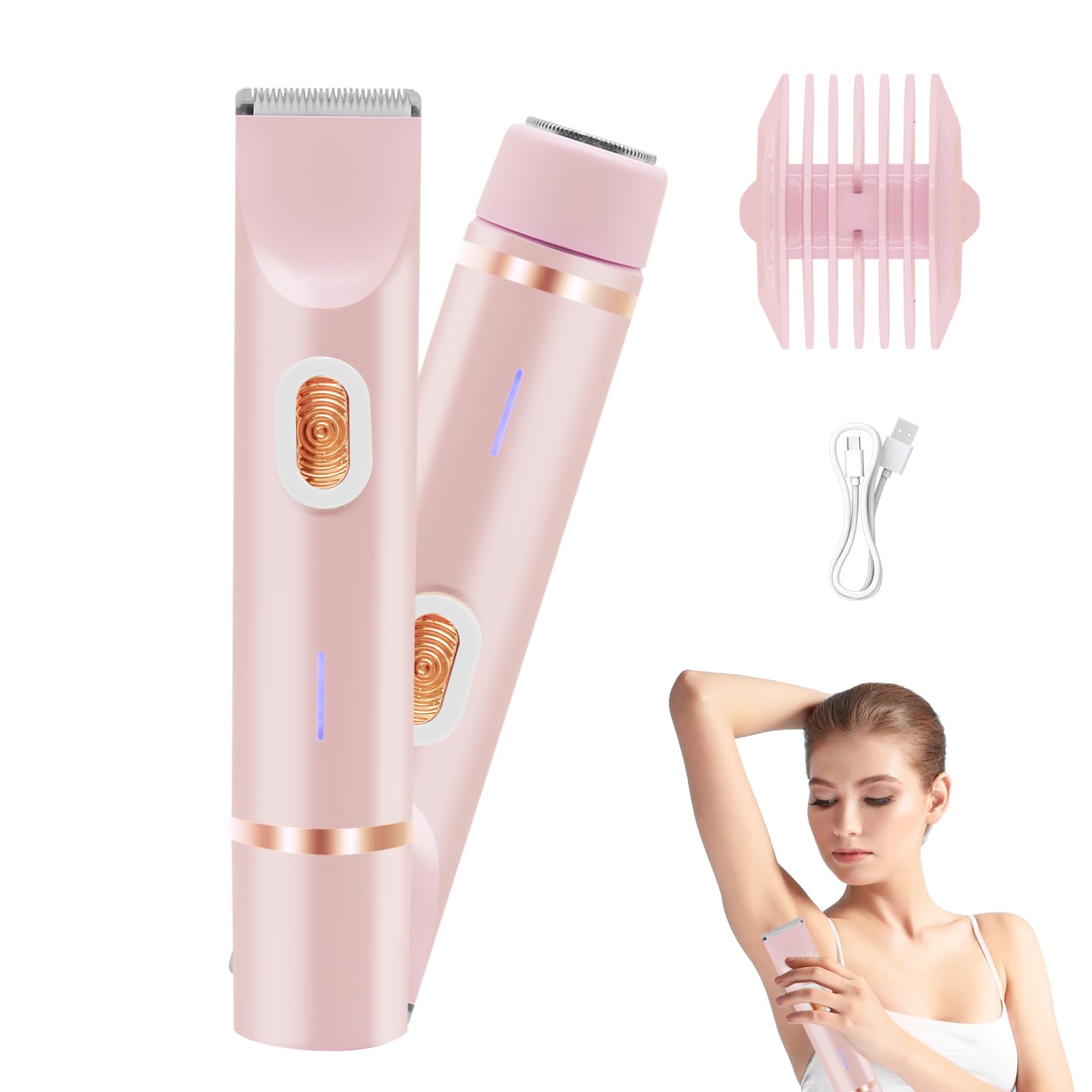 Rasoio elettrico da donna 2 in 1, Bikini Trimmer, impermeabile, utilizzabile sia a secco che bagnato, per gambe, braccia, ascelle e zona bikini (Rosa)