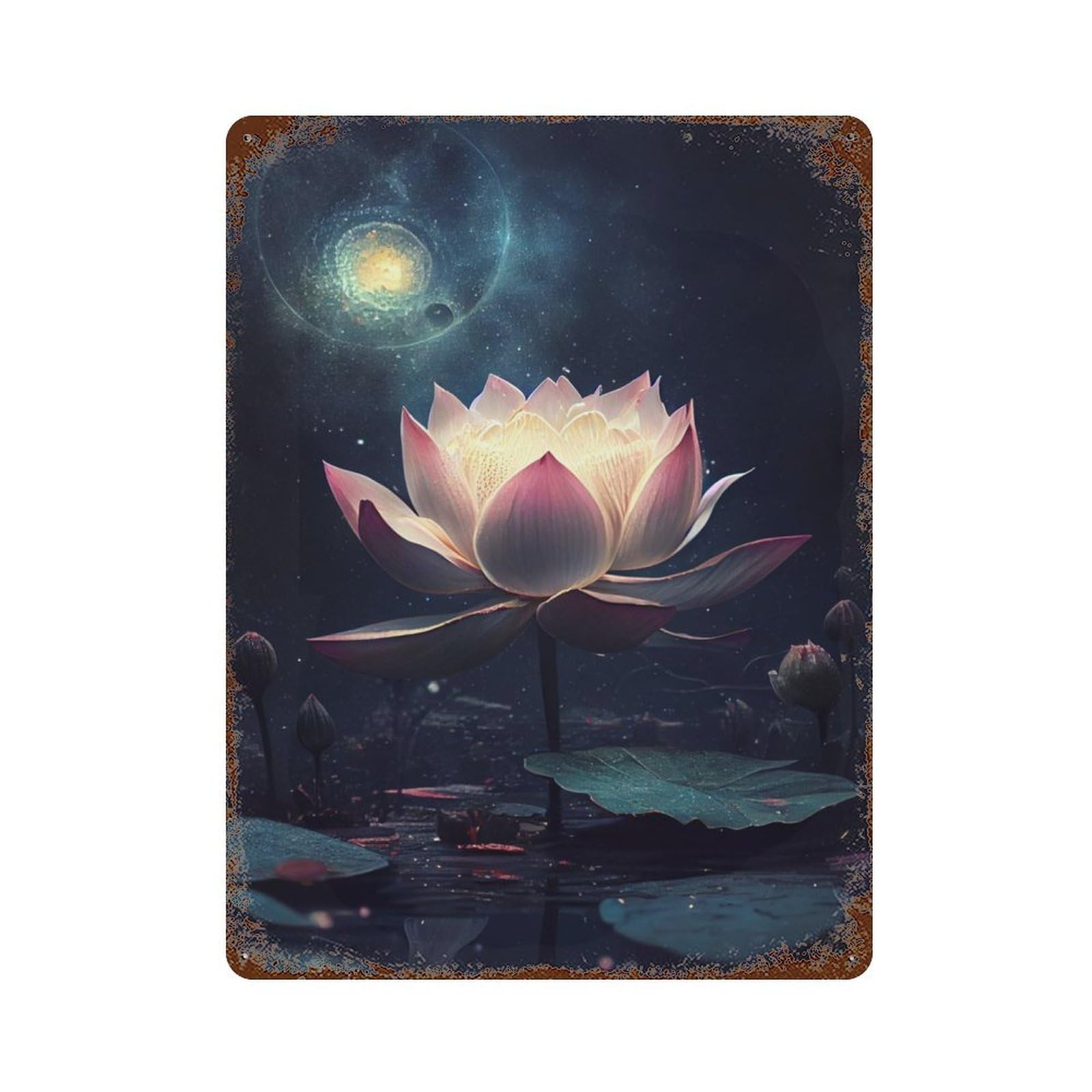 Cosmic Lotus Flower Pond 15.7"x11.8" Rustic Tin Plaque, Farmhouse Wall Decor for Basement, Hobby Room And Garage Decor