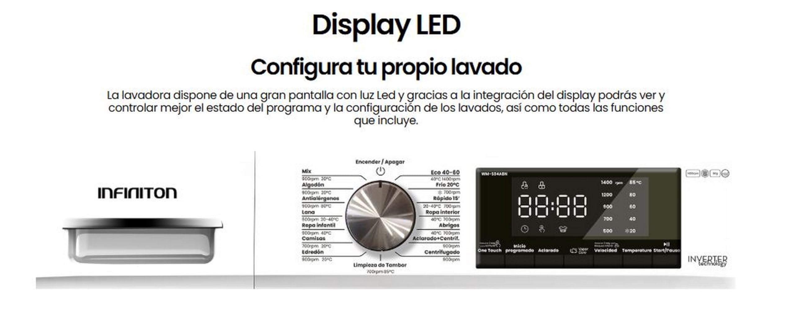 LAVADORA INFINITON WM-S84ABN, 8 KG, 1400 rpm, A, INVERTER, Cesto de acero inoxidable, Silent Mode, 15 Programas, Carga Frontal (Blanco || WM-S84ABN)
