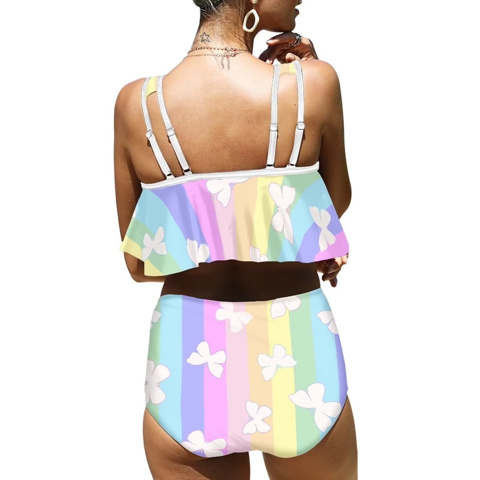 Howilath 2 confezioni da spiaggia indossate da San Valentino amore cuore bianco costume da bagno comodo costume da bagno morbido per le donne, Modello a righe arcobaleno farfalla, M