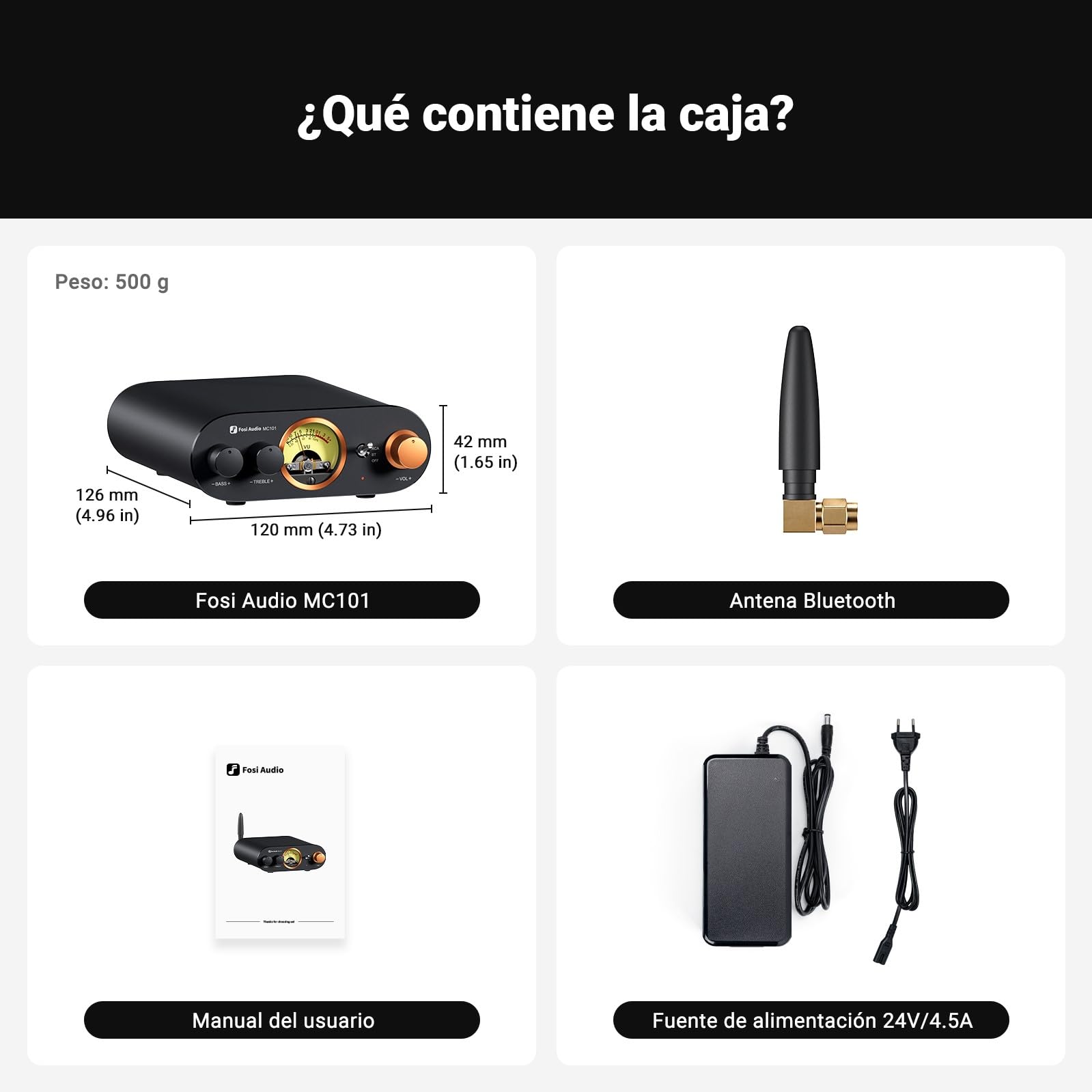 Fosi Audio MC101 Bluetooth Amplificador Estéreo Home Audio Component Mini Amp con VU Meter Receptor HiFi 2 Canales para Altavoces Pasivos con Bass Treble Tone Control Vintage All Aluminum Alloy