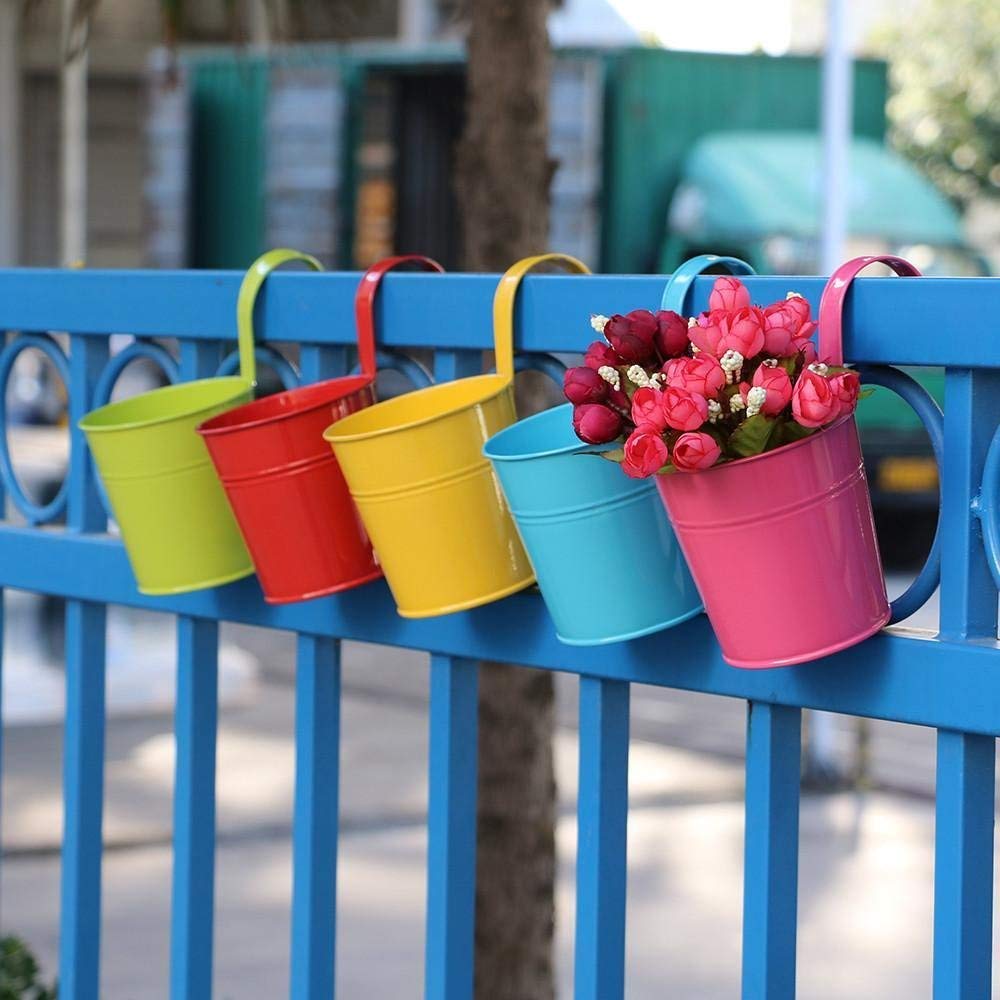 MosQuick® -Set of 5 Big Size Metal Hanging Planters for Balcony - Balcony Railing Planter, Flower Pot, Flower Pots, Ideal Flower Pots for Home Decoration (Red,Green,Yellow,Purple,Blue) - Mix (B07GB8CHGC) Amazon Price History, Amazon Price Tracker