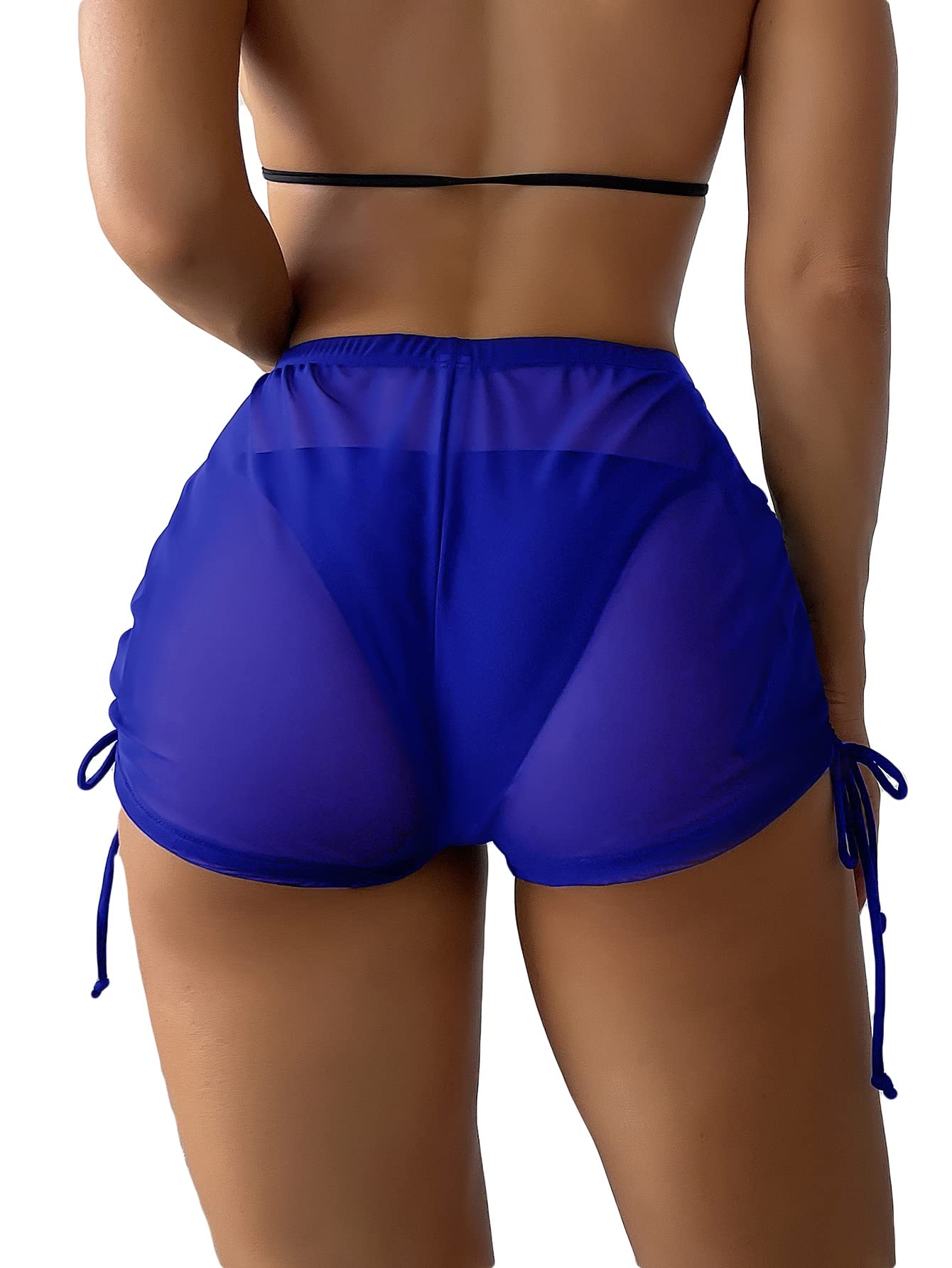 Falainetee Women's Drawstring Side Mesh Sheer Beach Summer Cover Up Shorts Bikini Bottoms - Medium - Blue