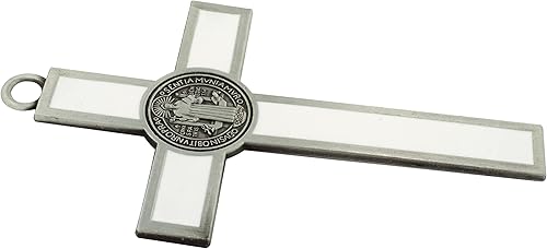 Miniatura 3 de Crucifijo de pared con medalla de San Benito Esmalte blanco y metal plateado Santo patrón de los estudiantes y Europa Gran regalo católico para