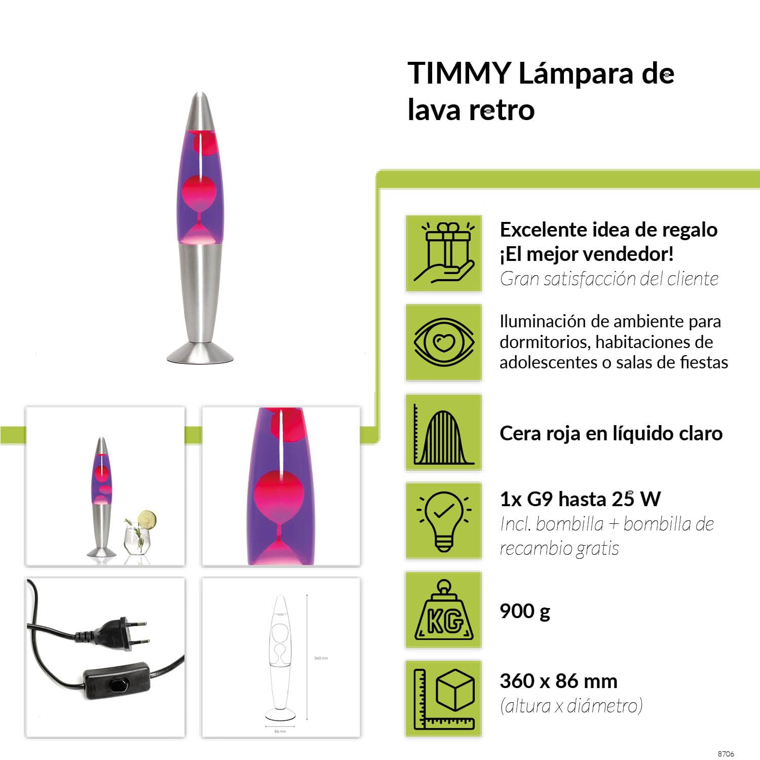 Easylight Lámpara de lava 36 cm rojo púrpura Timmy, lámpara decorativa retro, G9 25 W con interruptor de cable, bombilla incluida, mini lámpara de lava rojo púrpura