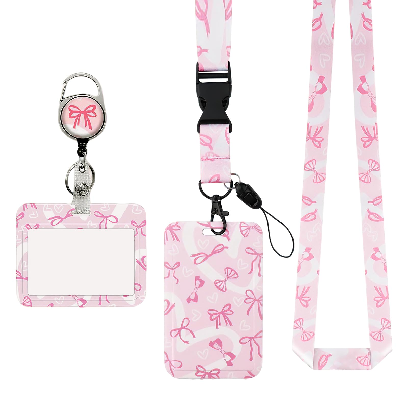 2 Pcs Retractable Badge Holders, Bowknot Pattern Lanyard with Card Holder, Vertical Card Protector for Office Worker Teacher Student