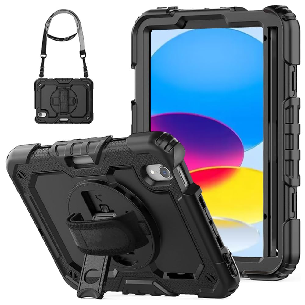 iPad 第10世代 10.9インチケース2022 ipad 11(A16)2025モデル 保護フィルム付き ペン収納 360°回転スタンド ハンドストラップ ショルダーストラップ 耐衝撃 全面保護カバー 多機能 iPad 10.9 インチ タブレットPCケース (ブラック)