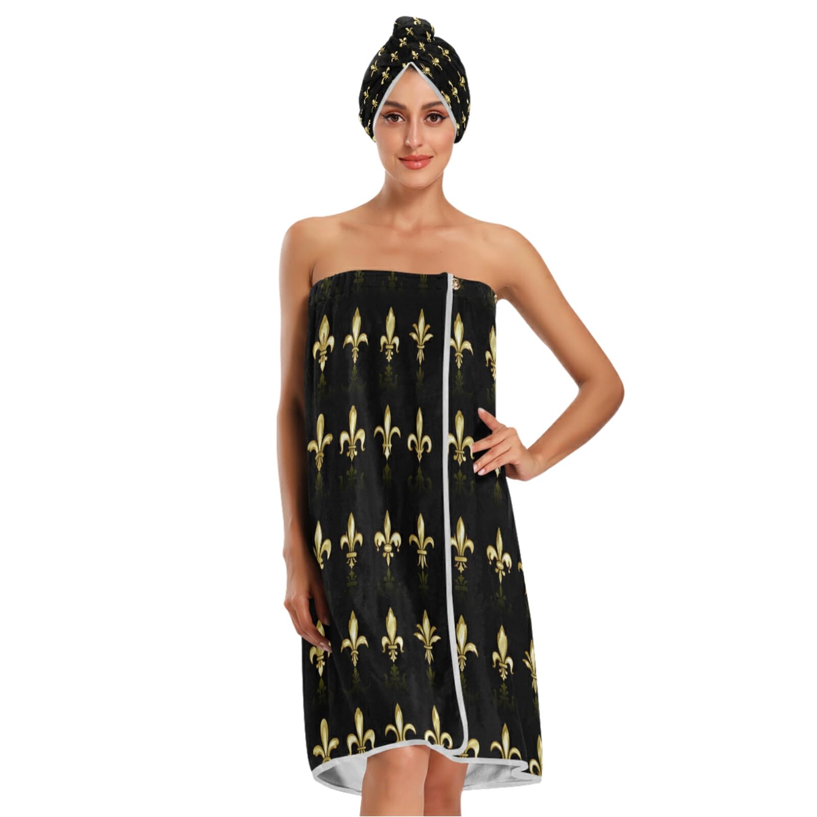 Gold Golden Fleur De Lis Design Collection Sets Seamless on Black Women Bath Body Wrap, Absorbent Spa Towel Robe, Bathrobe Set of 3 with 1 Adjustable Closure Shower Wrap 1 Headband 1 Hair Towel Wrap