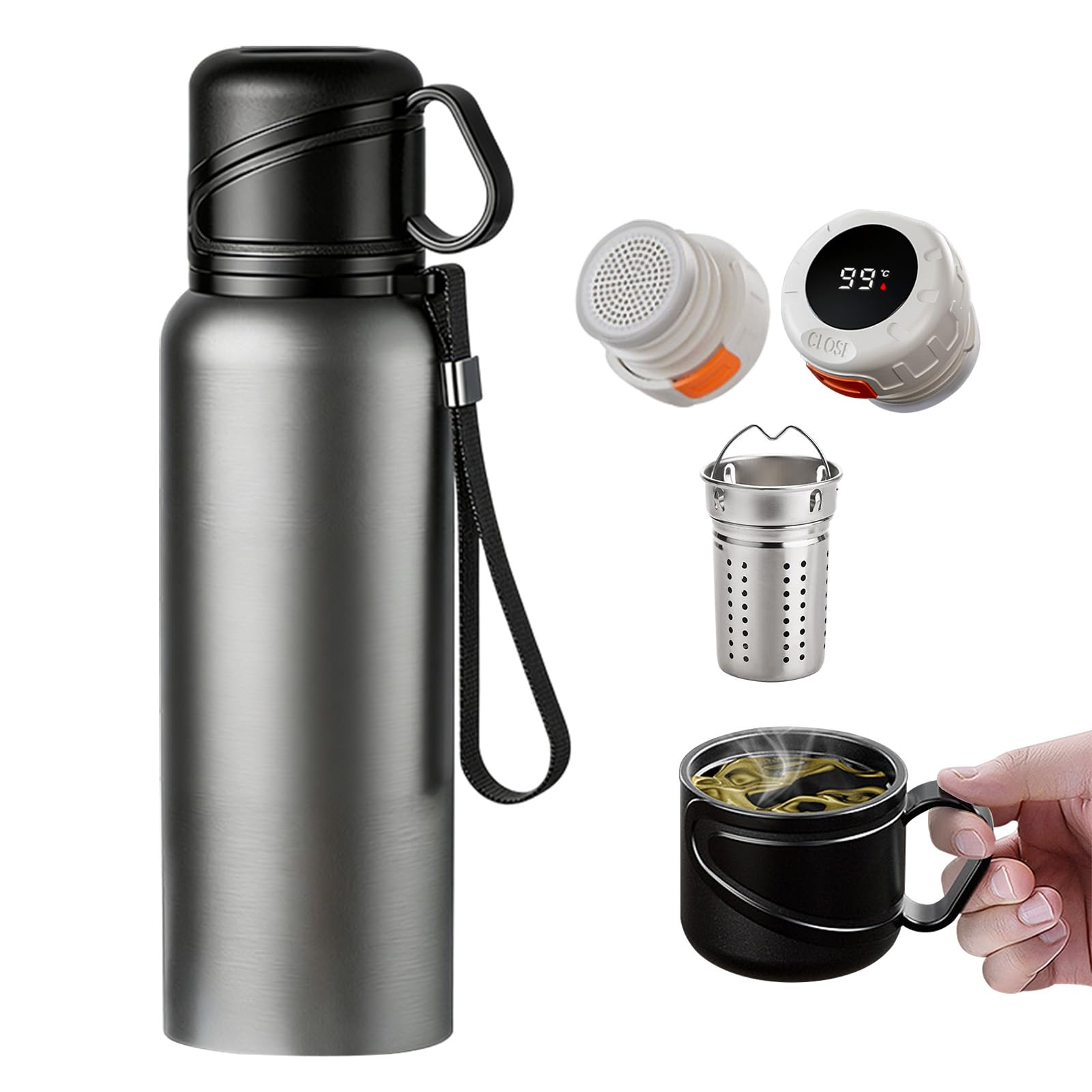 Borraccia termica calda e fredda con display a LED della temperatura: le bottiglie d'acqua in acciaio inossidabile includono filtro da tè e coperchio per caffè e tè