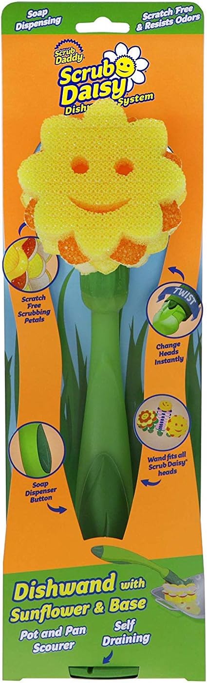 Scrub Daddy – Scrub Daisy Dishwand System - Scratch Free and Odor Resistant Head with Soap-Dispensing Wand and Self-Draining Base - The Sunflower Pot & Pan Scourer