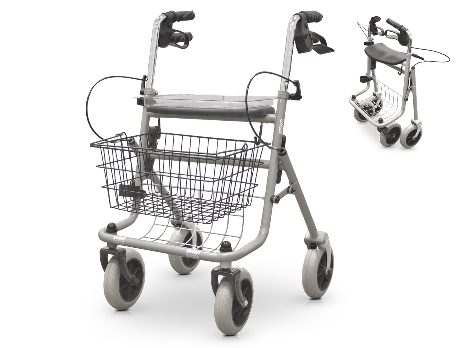 QUIRUMED - Andador con Bandeja y Canasto | Soporte para Bastón | Alta Capacidad de Carga | Ajustable en Altura y Plegable | Ideal para Personas Mayores, Gris