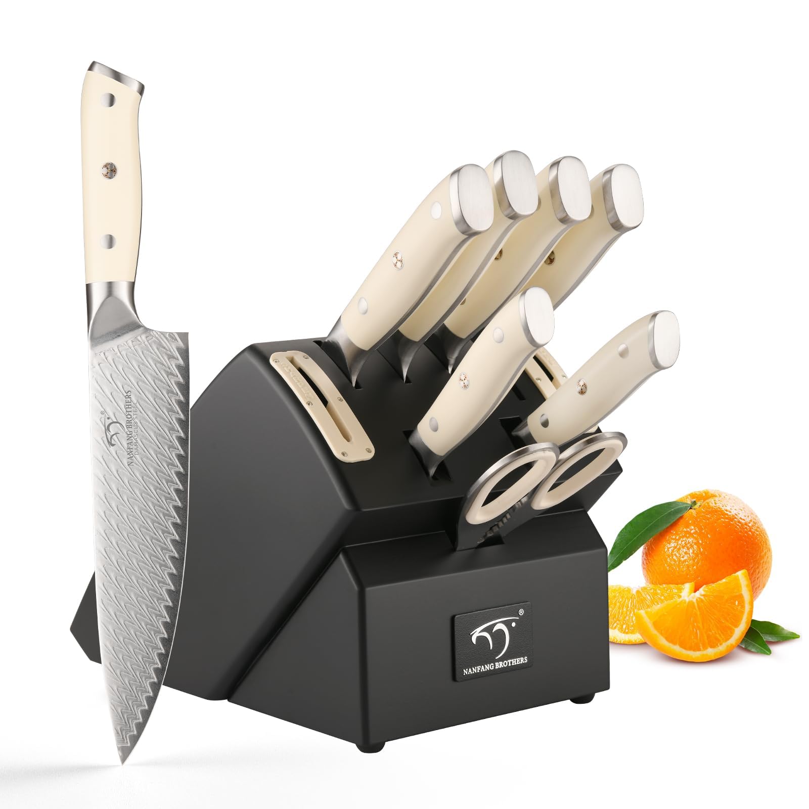 NANFANG BROTHERS Kochmesser Set 10 PCs Damaszener mit Block | VG 10-Kern Stahl, ABS Ergonomischer Griff, Disconnect-Type Messerblock, Küchenmesser Set
