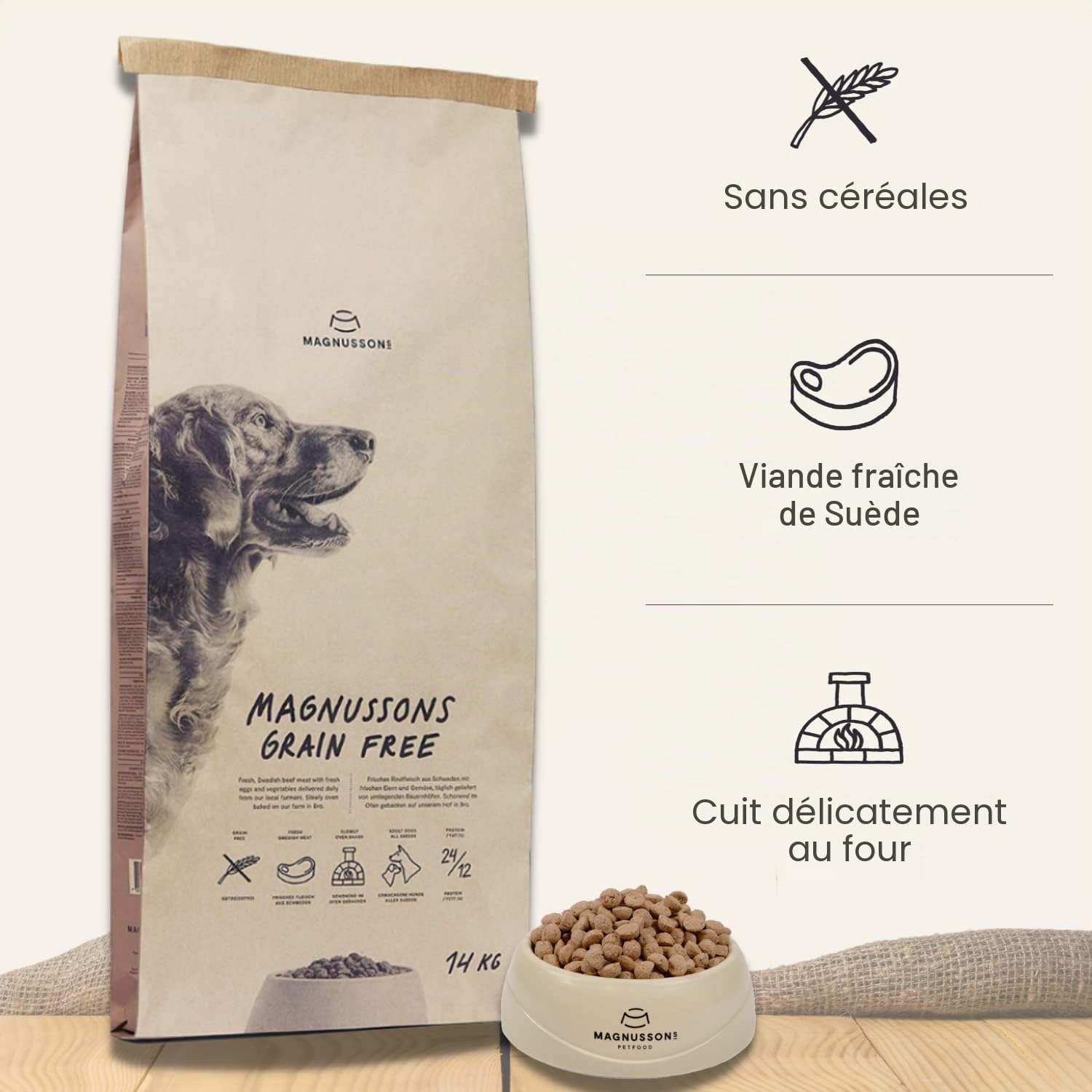 MAGNUSSONs Grain Free (1 x 14 kg) – Nourriture sèche pour Chiens Adultes de Toutes Races – Aliment Complet – Haute teneur en Viande fraîche – Cuite au Four