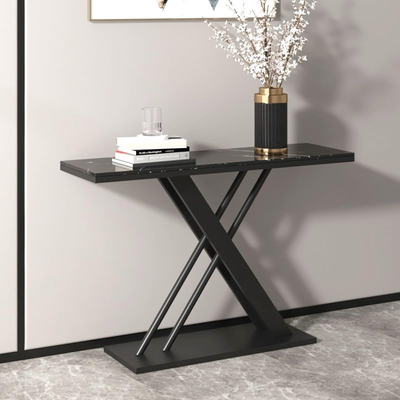 Consolas Recibidores Entrada Moderno De Imitación Mármol Y Diseño En Forma De X Detrás del Sofá, Ideal para Sofás Pequeños Pasillos En Salas Estar(Black,140cm/55.1in)