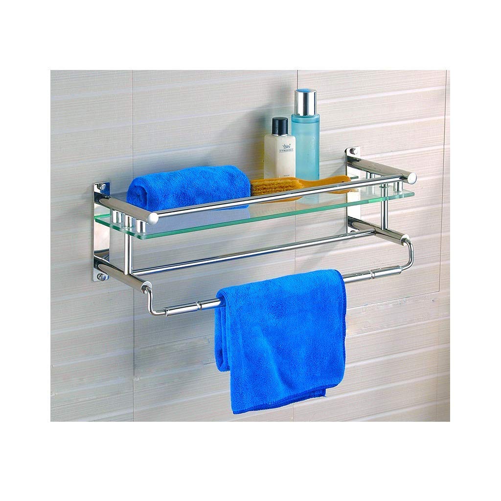 Estante de cristal de baño de acero inoxidable con toallero y riel montado en la pared, organizador de 2 niveles (60 cm)