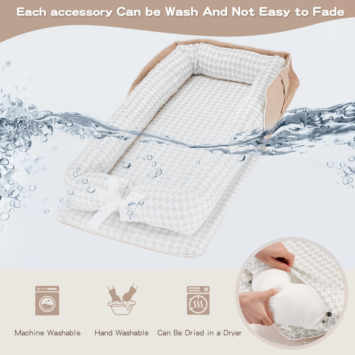 Baby Lounger for Newborn, Portable Breathable Baby Nest Infant Lounger Adjustable U-Shaped Safety Bumper for Cozy Comfort - Grey Houndstooth