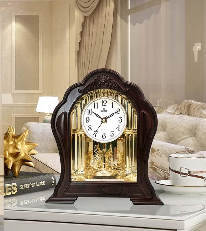 Reloj de repisa de Madera Dorado champán con péndulo oscilante, Esfera fácil de Leer, Reloj mecánico de Mesa for Sala de Estar, Oficina y decoración del hogar.(A)