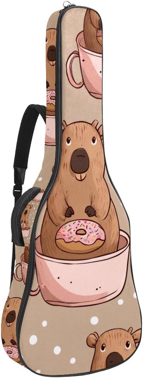 Cute Funny Capybara in Cups on Dots Background Acoustic Guitar Gig Bag, 1 cm Thick Padding Waterproof Guitar Bag Backpack for 40 41 42 Inch Electric Bass Classical Guitars