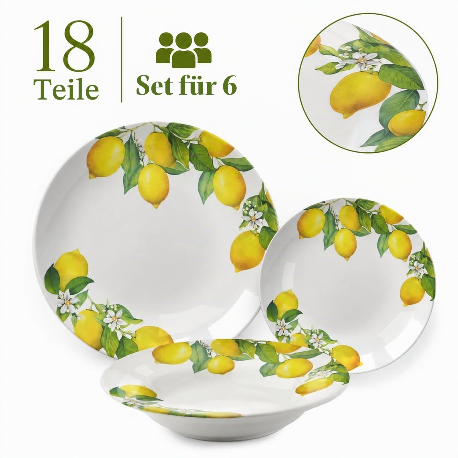 18-teiliges Zitronen-Porzellan-Geschirrset für 6 Personen, komplettes Set für Abendessen und Dessert, Zitrus-Design