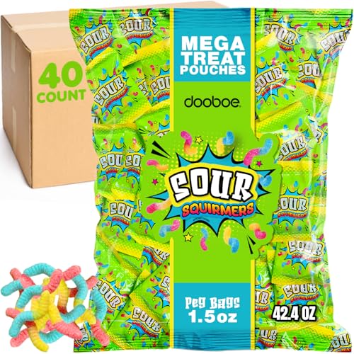 Halloween Sour Gummy Worms Bulk Pack - 40 Packs (30 Gram Peg Bags) - Sour Squirmers Individually Wrapped for Kids and Adults, Parties, School, Pinata