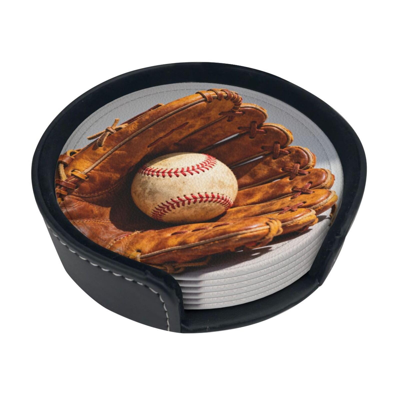 Cntdbu White Baseball Glove Ball Leather Coasters Set Of 6-Pu Leather Drink Mats For Table, Heat Resistant Round Coasters With Holder