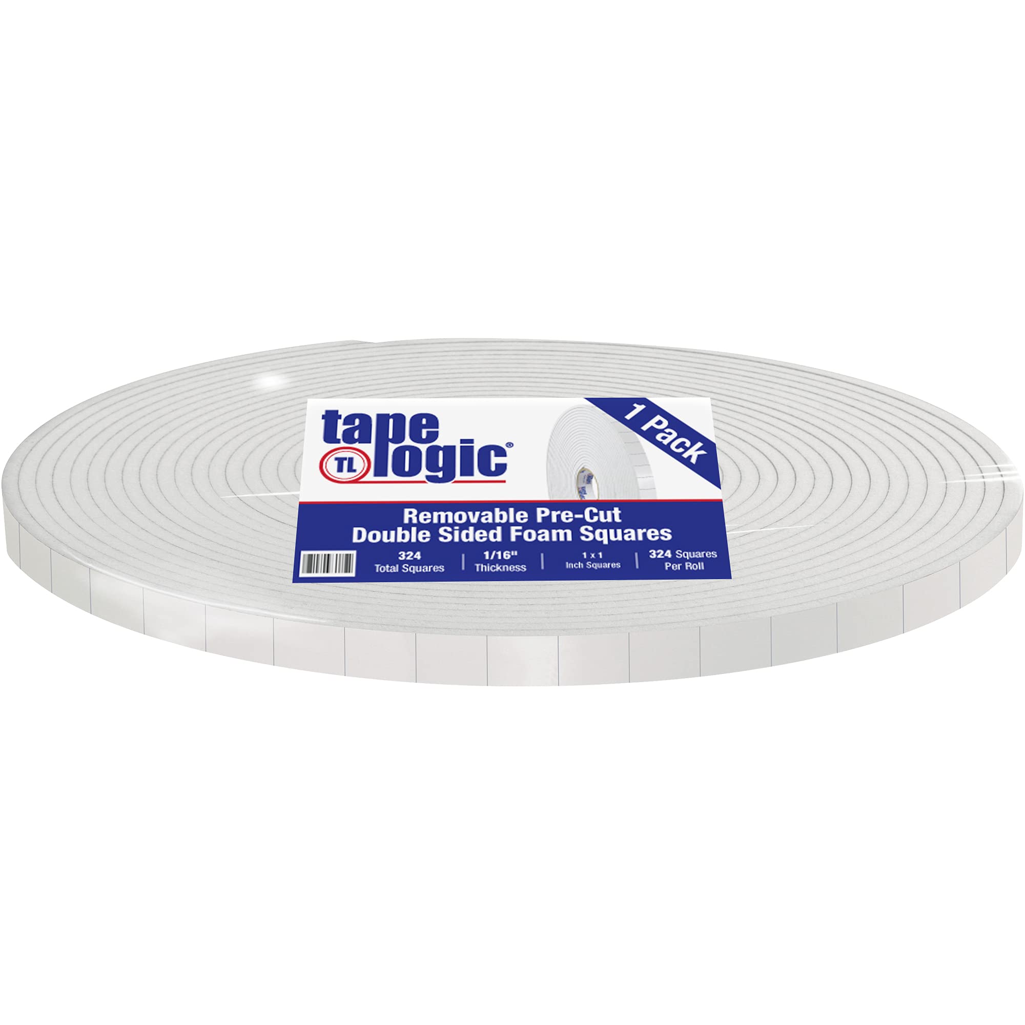 Tape LogicT95219 Removable Pre-cut Double Sided Foam Square, 1 Length x 1 Width, 1/16 Thick, White (Roll of 324) by Tape Logic