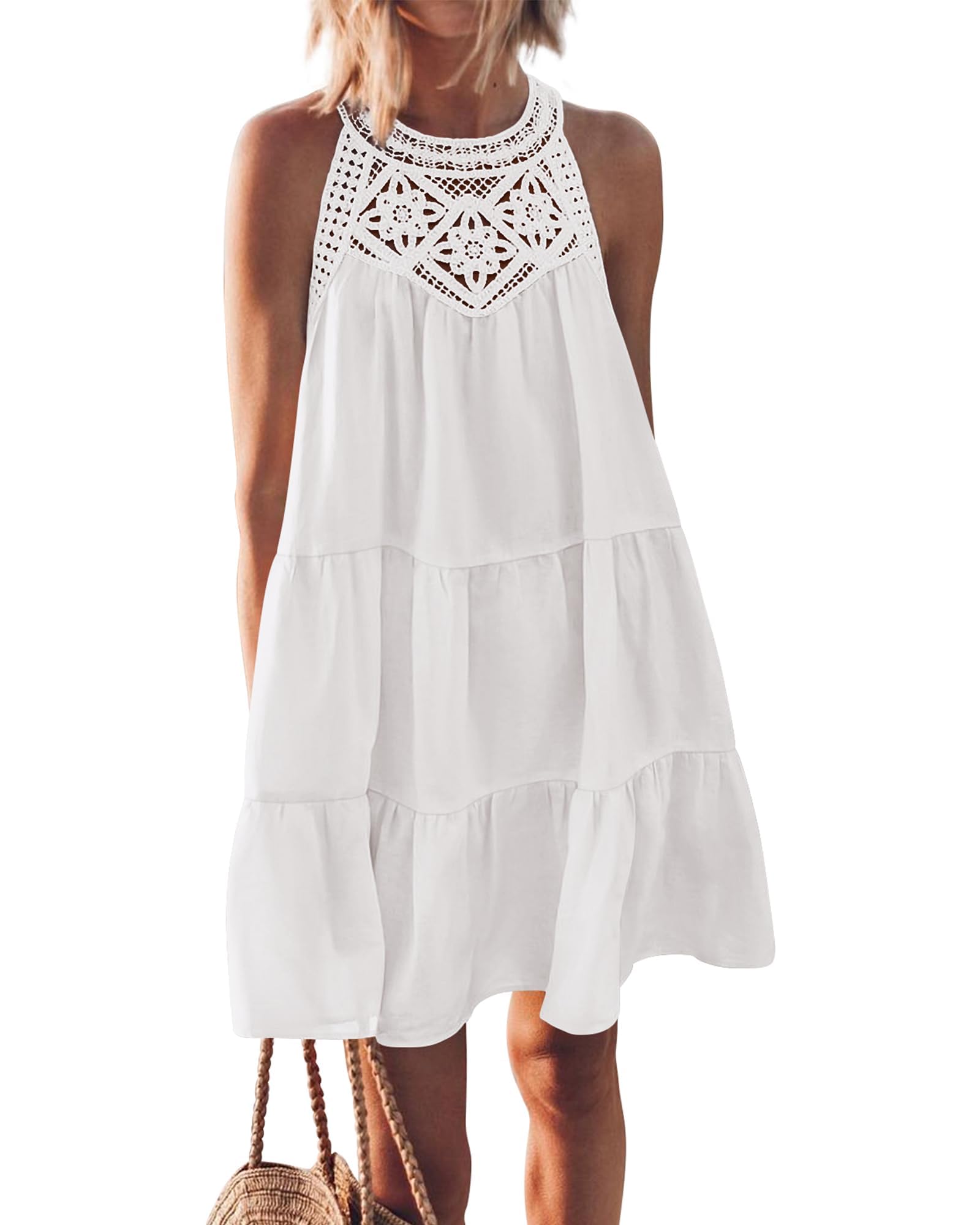 QUNERY Vestidos Verano Mujer Sin Mangas Vestido de Playa Casual Mini Vestidos para Fiesta en la Playa