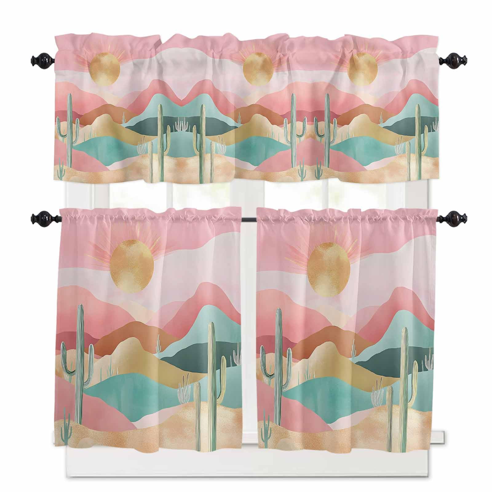Southwest Boho Kitchen Curtains 36 Inch Length, 3 Piece Rod Pocket Small Half Tiers and Valance Set, Abstract Watercolor Cactus Mountain Small Large Window Treatment Decor for Bedroom/Bathroom Sink