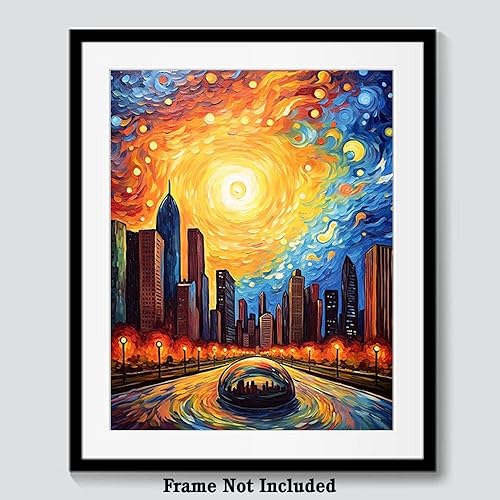 Miniatura 6 de Bestbuddy Pet 11 x 14 sin marco noche estrellada Chicago hito icónico estatua escultura famosa atracción turística gira mundial pintura al óleo