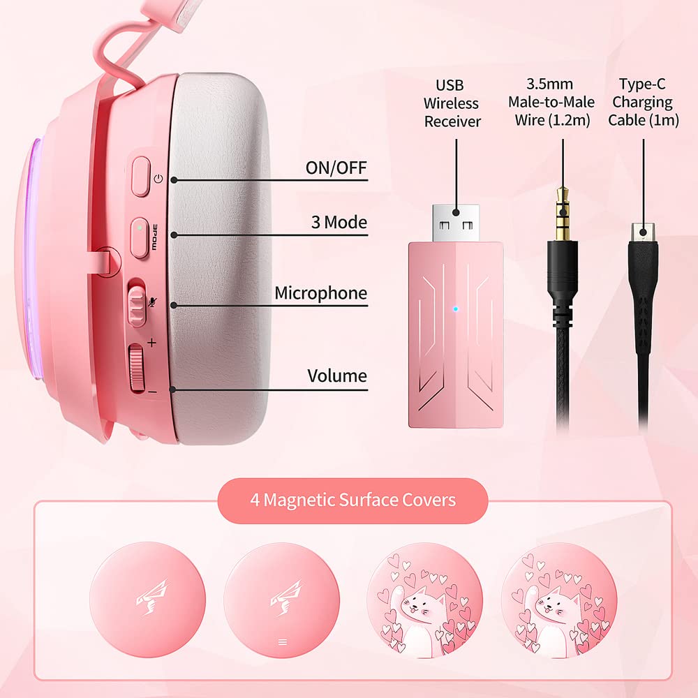 SOMIC Auriculares con Orejas de Gato, Auriculares inalámbricos para Juegos de 2,4 GHz para PS4, PS5, PC, Auriculares Bluetooth para teléfonos Inteligentes, iluminación RGB, micrófono retráctil