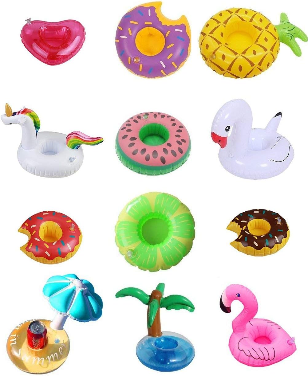 iFun iCool 12 PC Mixed Inflatable Coasters Inflatable Drink Holder Float,Fruit Donuts Flamingo Swan Plam Duck Inflatable Pool Cup Holders