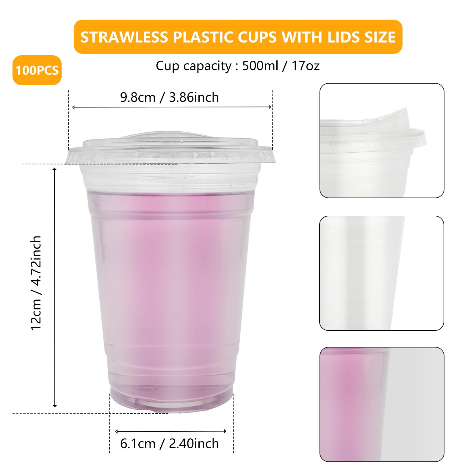 KHZSPP 100Pcs Plastic Cups Food Grade Cups with Strawless Sip Lids Crystal Clear Plastic Coffee Cups Eco Friendly to Go Cups for Iced Coffee Smoothies Soda Juice(500ml+Direct Cover)