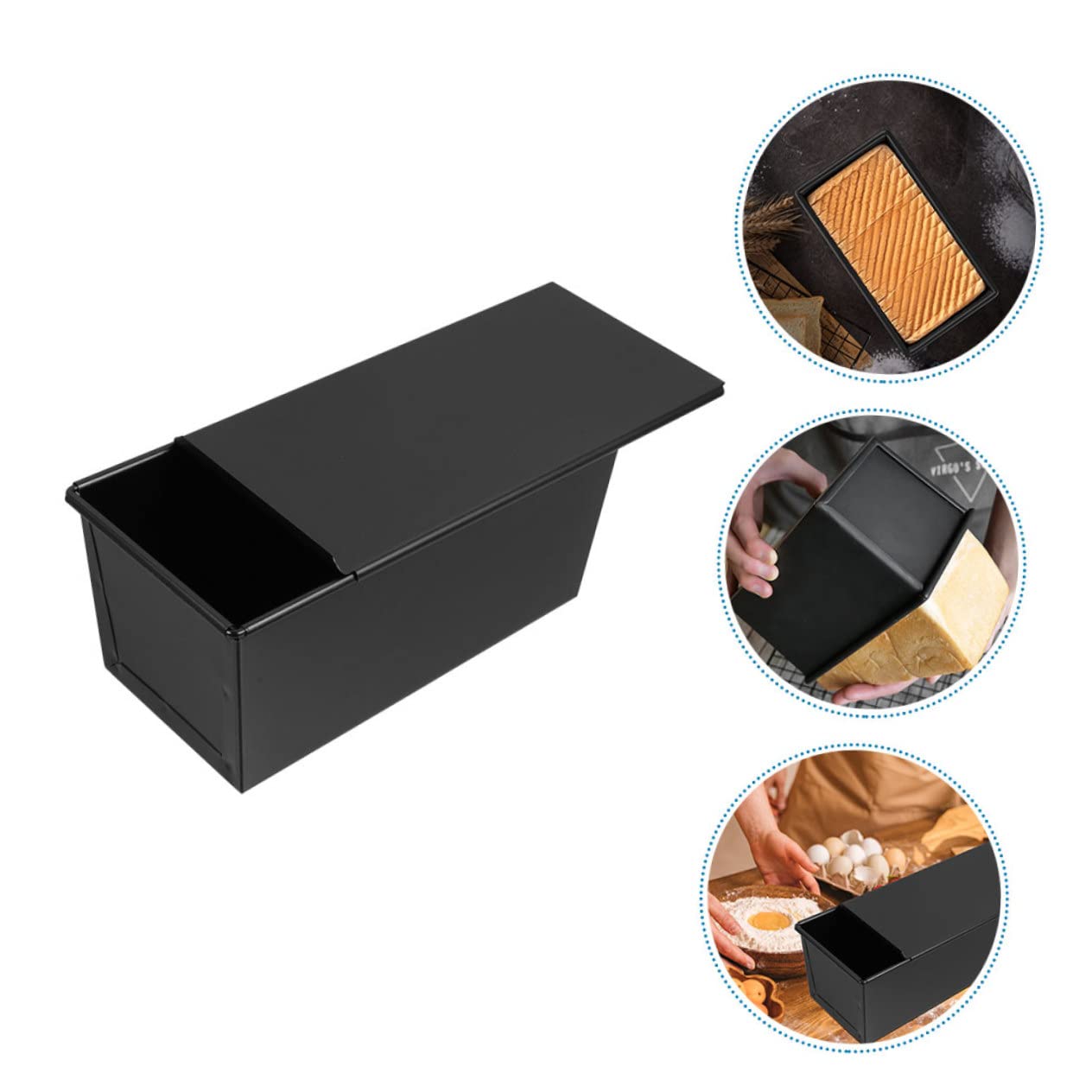 IMIKEYA Molde para Hornear Tostadas Tapa Deslizante, Acero al Carbono Negro Recubrimiento Antiadherente y Bordes Redondeados para Pan Casero