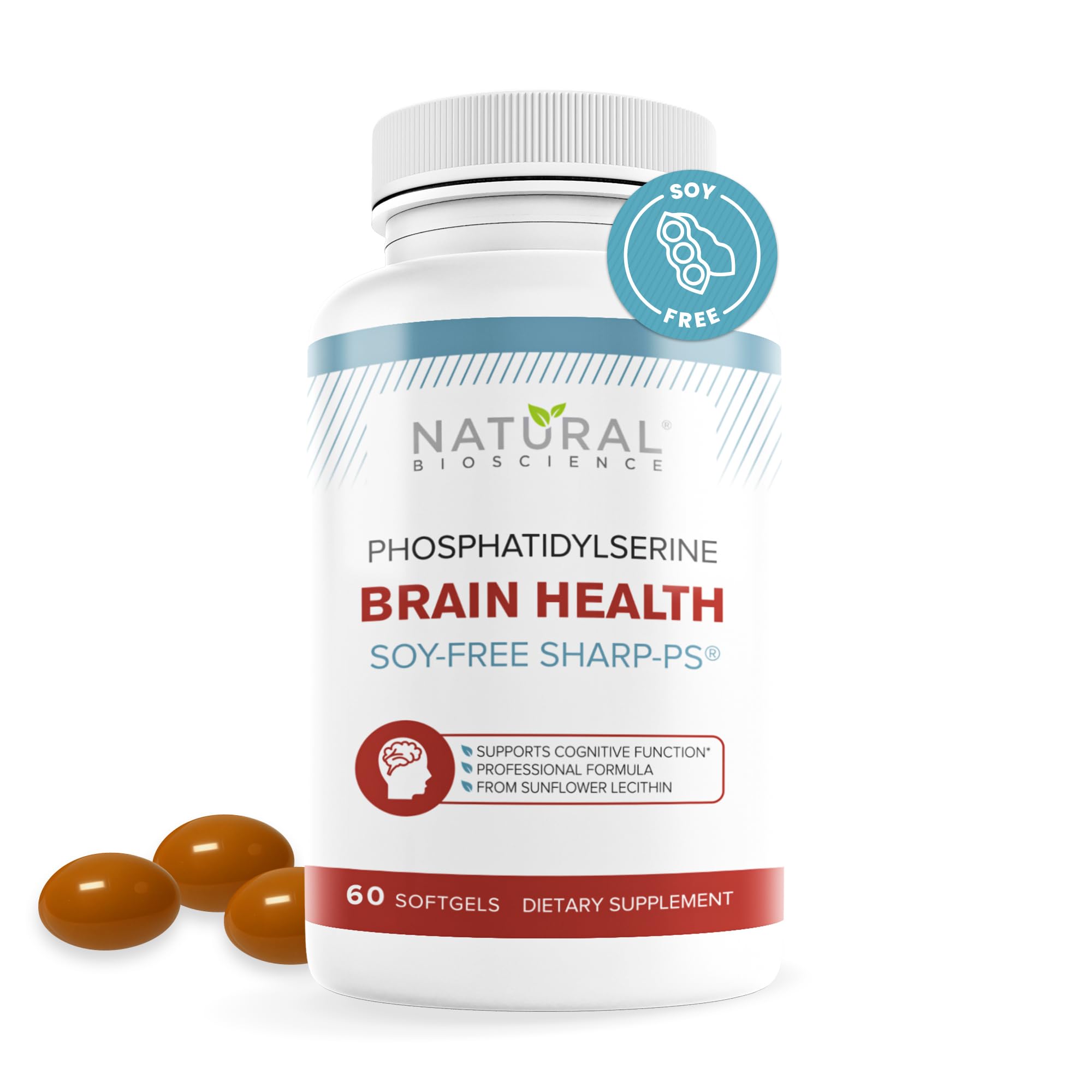 Soy Free Phosphatidylserine 100mg Softgel - PS Supplement Boosts Memory, Focus, Problem Solving, Cortisol Control. Natural Sunflower Lecithin, Patented Sharp PS-Green. Non-GMO, 60 Softgels
