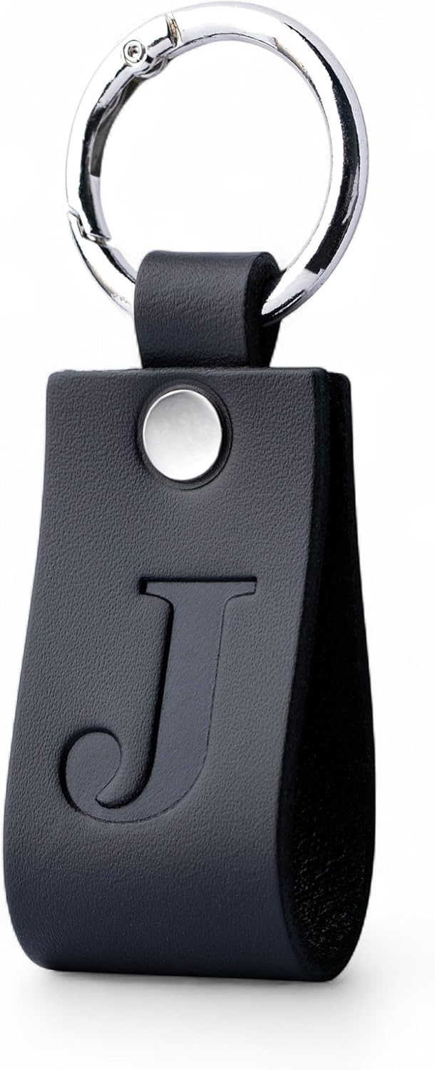 Full Grain Leather Initial Keychain for Men Women, Personalized Alphabet Keychain, Matte Black Gift for Him Her Dad