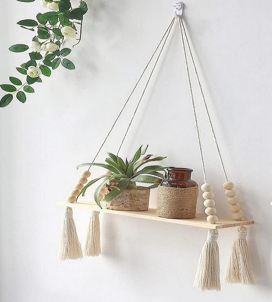 Macrame Wall Hanging Shelf for Home Decor | Bohemian Floating Wooden Shelve for Bedroom, Living Room, Nursery and Marriage Party Decoration, White, Pack of 2 Pieces (Large)