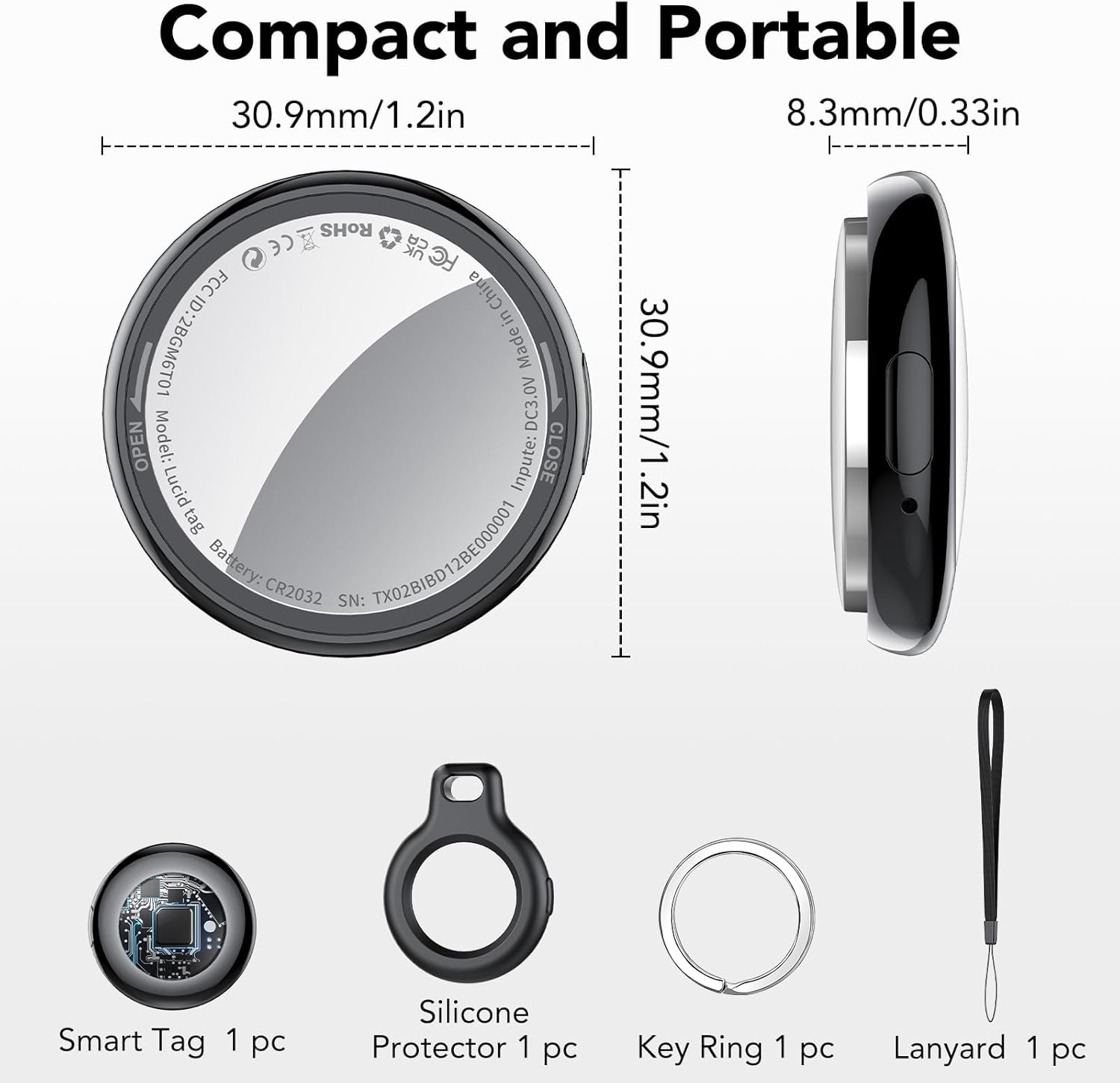 Diagram showing the Tukio Tracker Tag TX02, a silicone protector, a key ring, and a lanyard, along with product dimensions.