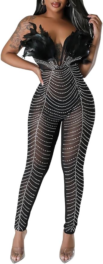 SACFOF Womens Sexy Mesh Patchwork Sequin Rhinestone Jumpsuit Deep V Neck One Shoulder Backless Bodycon Club Bodysuits