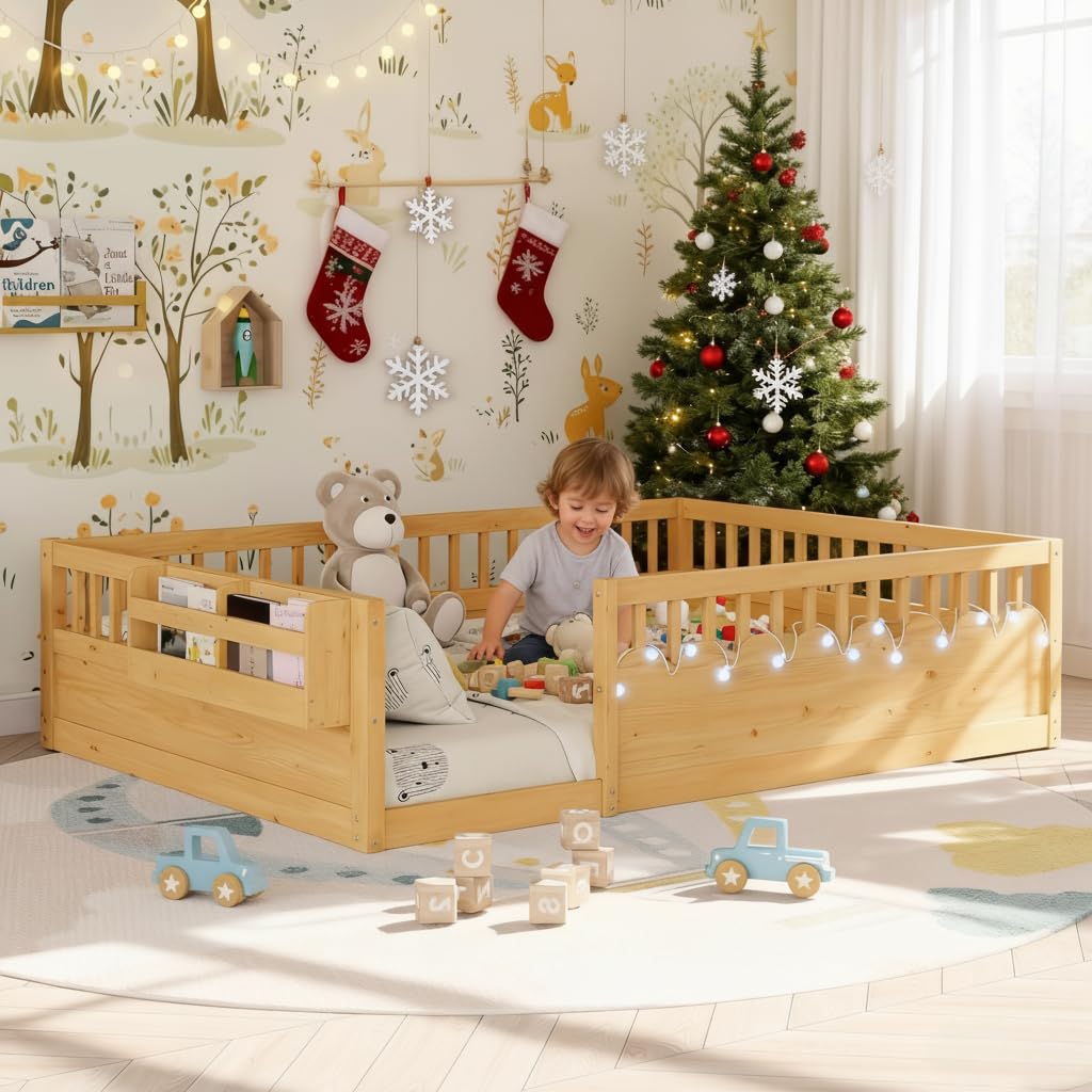 Montessori Floor Bed with High Rails,Full Size Floor Bed Frame for Kids, LED Lights & Storage Shelf, Safe & Wider Opening Gate Design, Playground & Sleep Space for Girls Boys,Natural