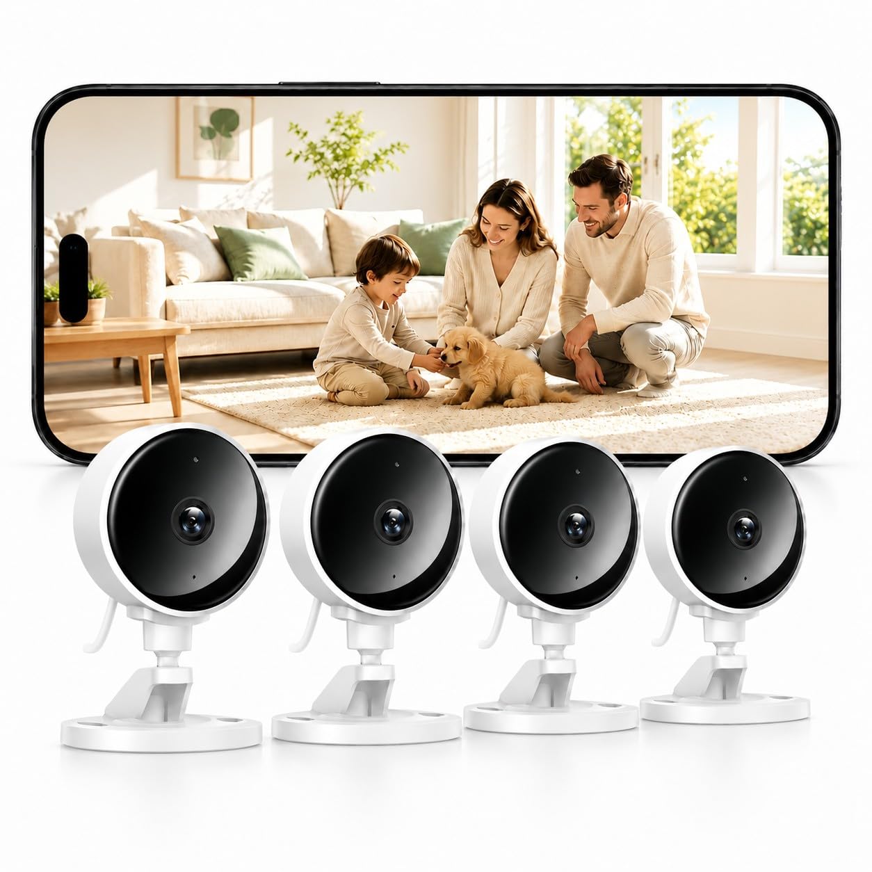 WOLFANG Pack 4 Camara Vigilancia WiFi Interior 1080P, Detección de Humano, Visión Nocturna, Audio Bidireccional, Compatible con Alexa, Alarma en Tiempo Real, Almacenamiento SD y Nube