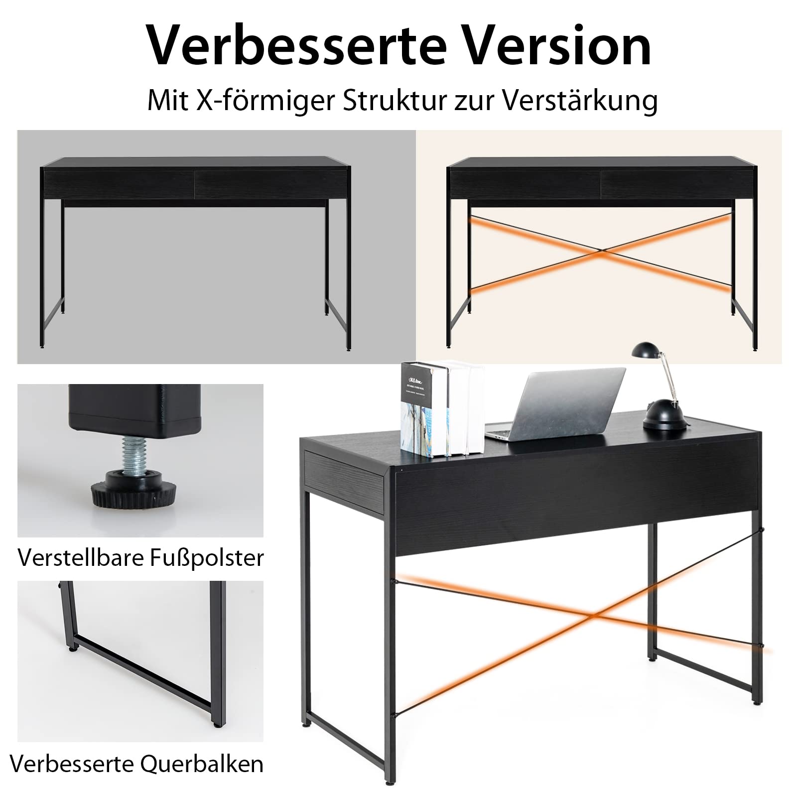 COSTWAY Schreibtisch, Computertisch mit 2 Schubladen, Kleiner Bürotisch, Metall, Industrie-Design, PC Tisch für Arbeitszimmer, Homeoffice, Büro, 112 x 48 x 76 cm (Schwarz)