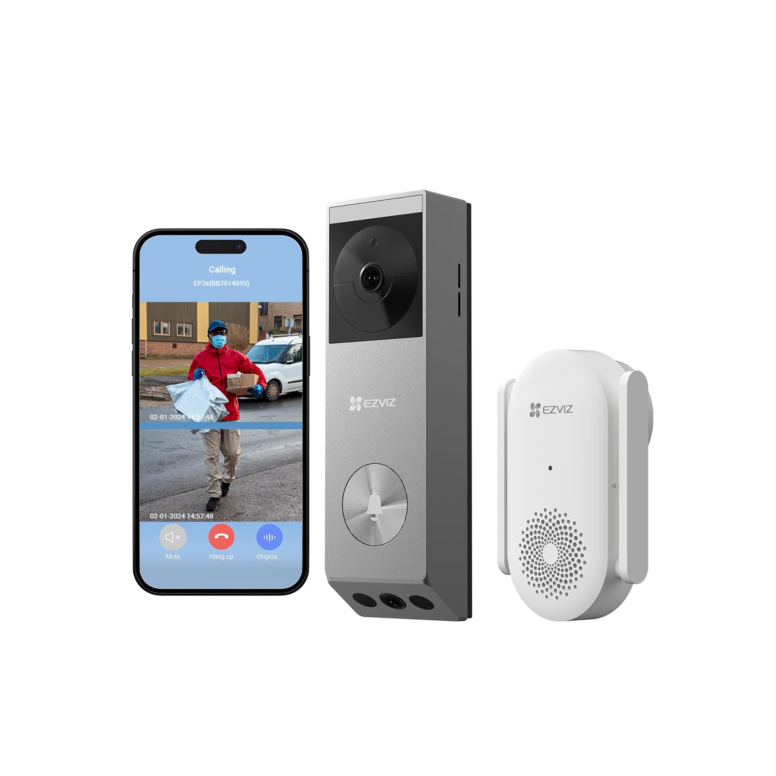 EZVIZ Video Türklingel mit Chime, Türsprechanlage mit Doppelkamera 2K & Solarpanel, Personen-/Paketerkennung, Farbnachtsicht, 32GB eMMC Speicher, Kabellose WiFi Doorbell EP3x Pro mit Chime CH1