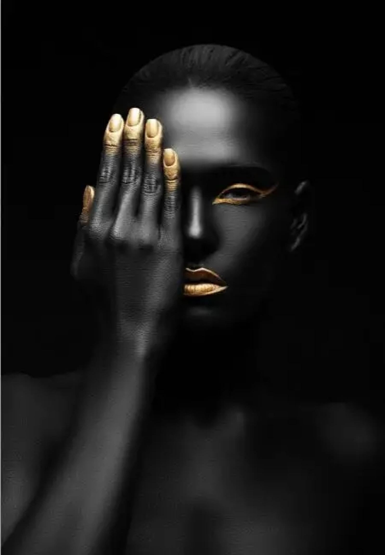 JACBON Porträt-Poster und Drucke, Wandkunst, Leinwandgemälde, dunkelhäutige Frau mit goldenem Make-up, Bilder für Wohnzimmerdekoration, 60 x 105 cm (24 x 41 Zoll), Innenrahmen