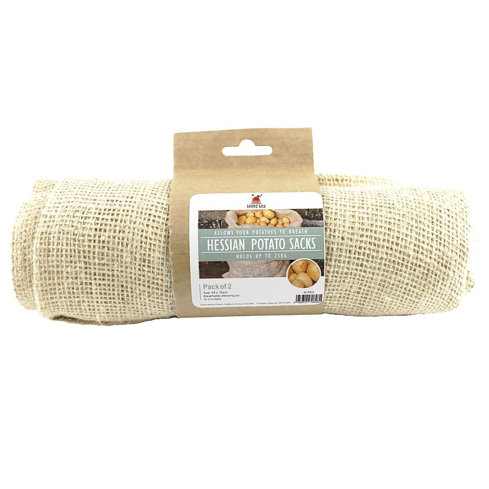 Seedzbox Hessian Potato Sacks For Storage Container - Pack of 2 - Preserves Potatoes Onion & Vegetables - Ideal For Children’s Sack Race Sports Day - Holds 25kg - Prevents Vegetable Sweating & Rot