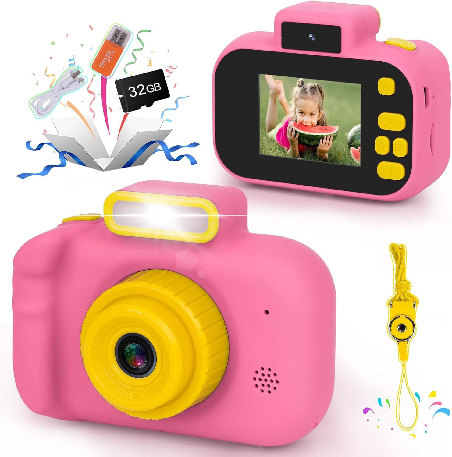 Cámara para niños, cámara digital rosa para selfie, juguetes de cumpleaños para niñas de 3 a 9 años, grabadora de video digital HD portátil para niños con tarjeta SD de 32G, juguetes para niños de 3