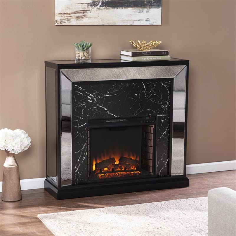 Maklaine Trandling Mirrored Faux Marble Wood Fireplace in Black/Silver